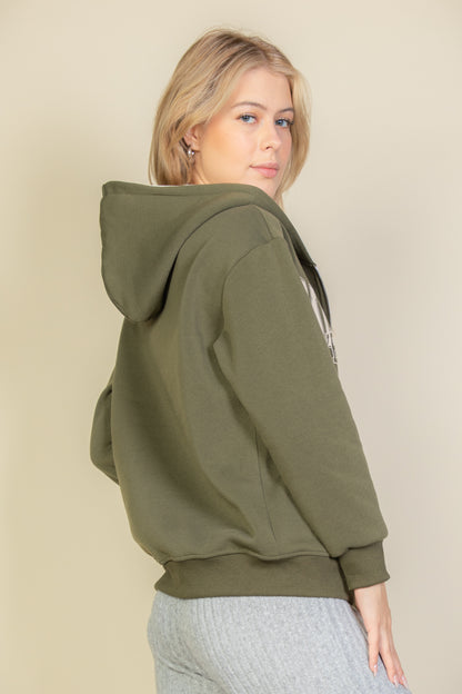 Graphic Drop Shoulder Zipper Up Hoodie - Capella Apparel