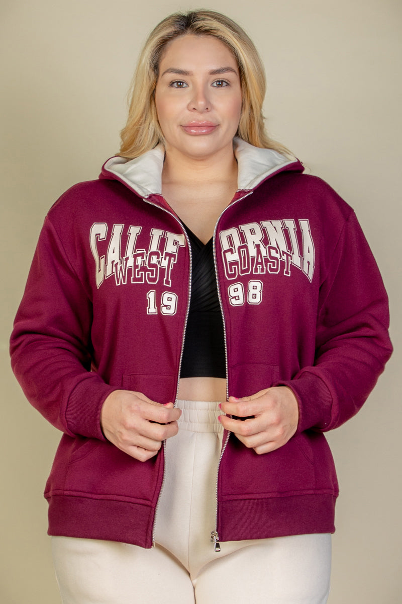 Plus Graphic Drop Shoulder Zipper Up Hoodie - Capella Apparel