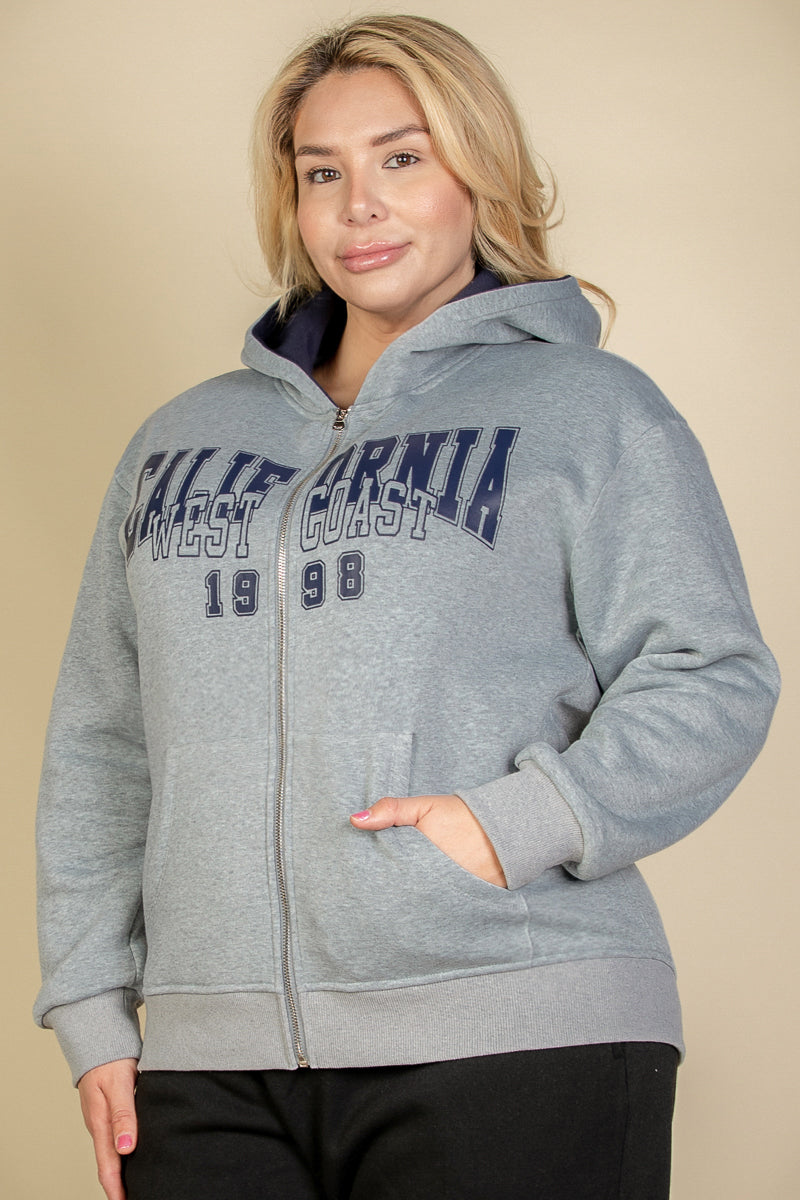 Plus Graphic Drop Shoulder Zipper Up Hoodie - Capella Apparel