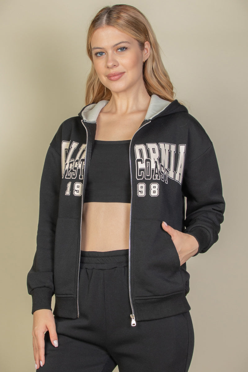 Graphic Drop Shoulder Zipper Up Hoodie - Capella Apparel