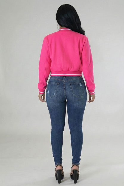 Plus Size EZwear Letter Patched Crop Varsity Jacket