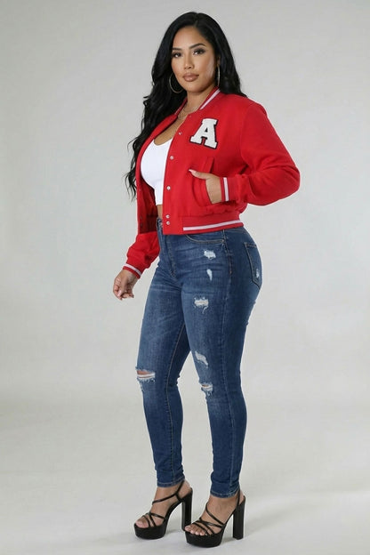 Plus Size EZwear Letter Patched Crop Varsity Jacket