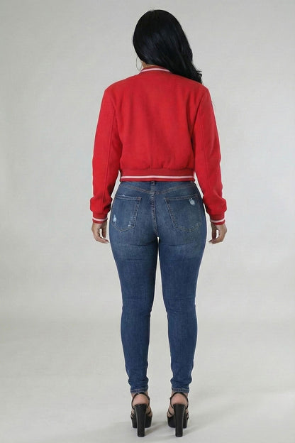 Plus Size EZwear Letter Patched Crop Varsity Jacket