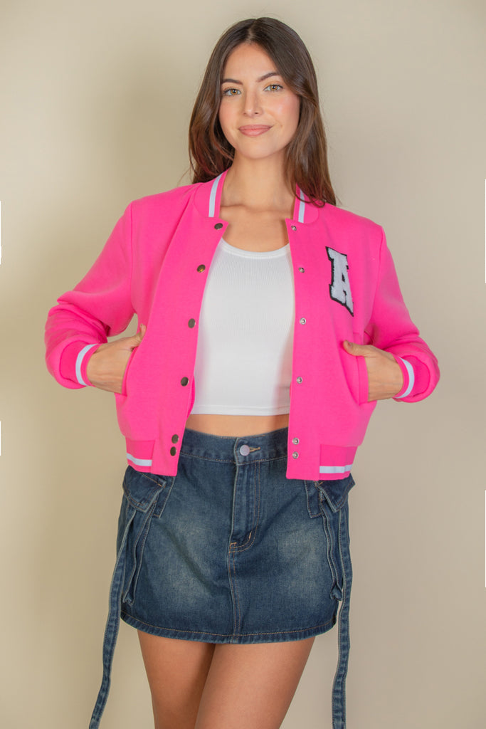 EZwear Letter Patched Crop Varsity Jacket - Capella Apparel