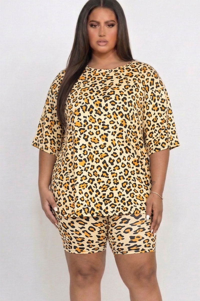 Plus Size Leopard Print Loose Fit Top & Biker Shorts Set