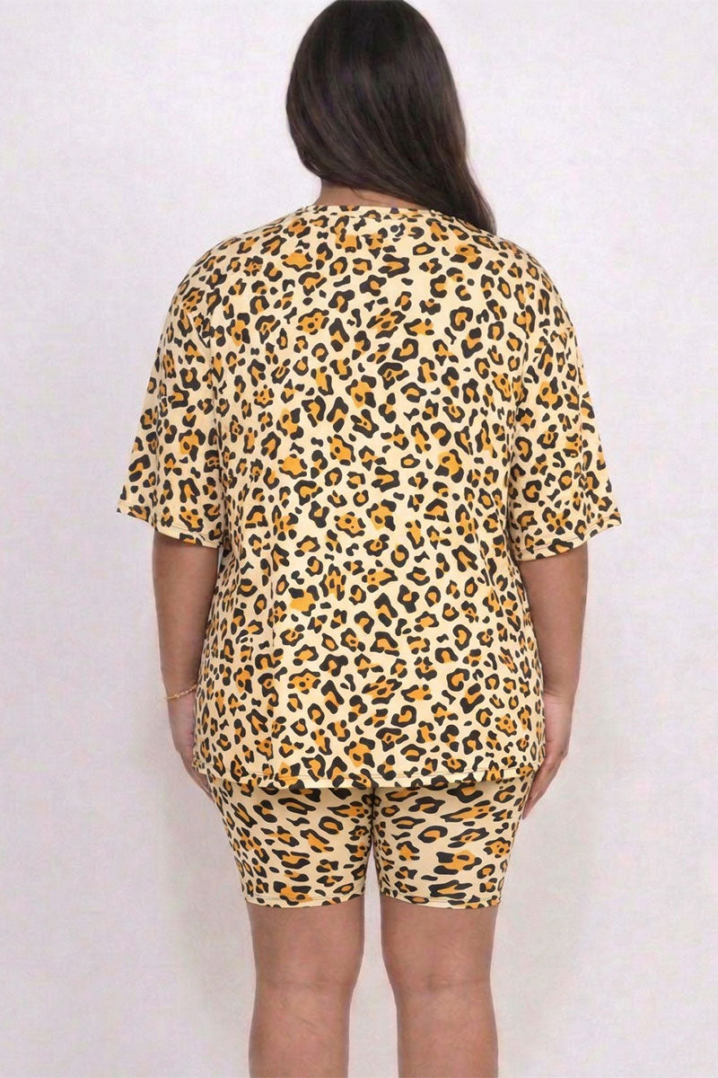 Plus Size Leopard Print Loose Fit Top & Biker Shorts Set