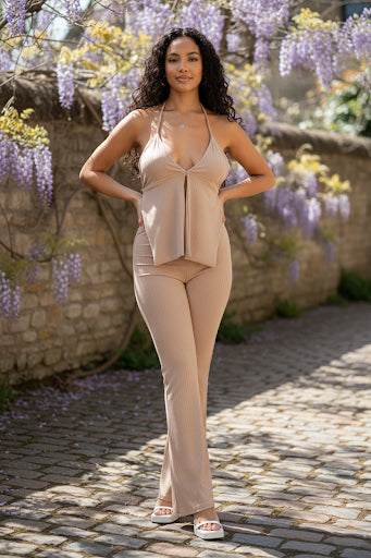 Split Front Backless Halter Top & Flare Pants Set