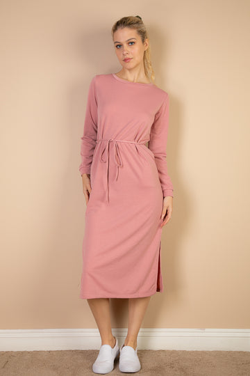 French Terry Long Sleeve Tie Front Midi Dress - Capella Apparel