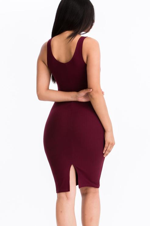 Ribbed Back Slit Bodycon Midi Dress - BURGUNDY / M Ribbed Back Slit Bodycon Midi Dress - BURGUNDY / M
