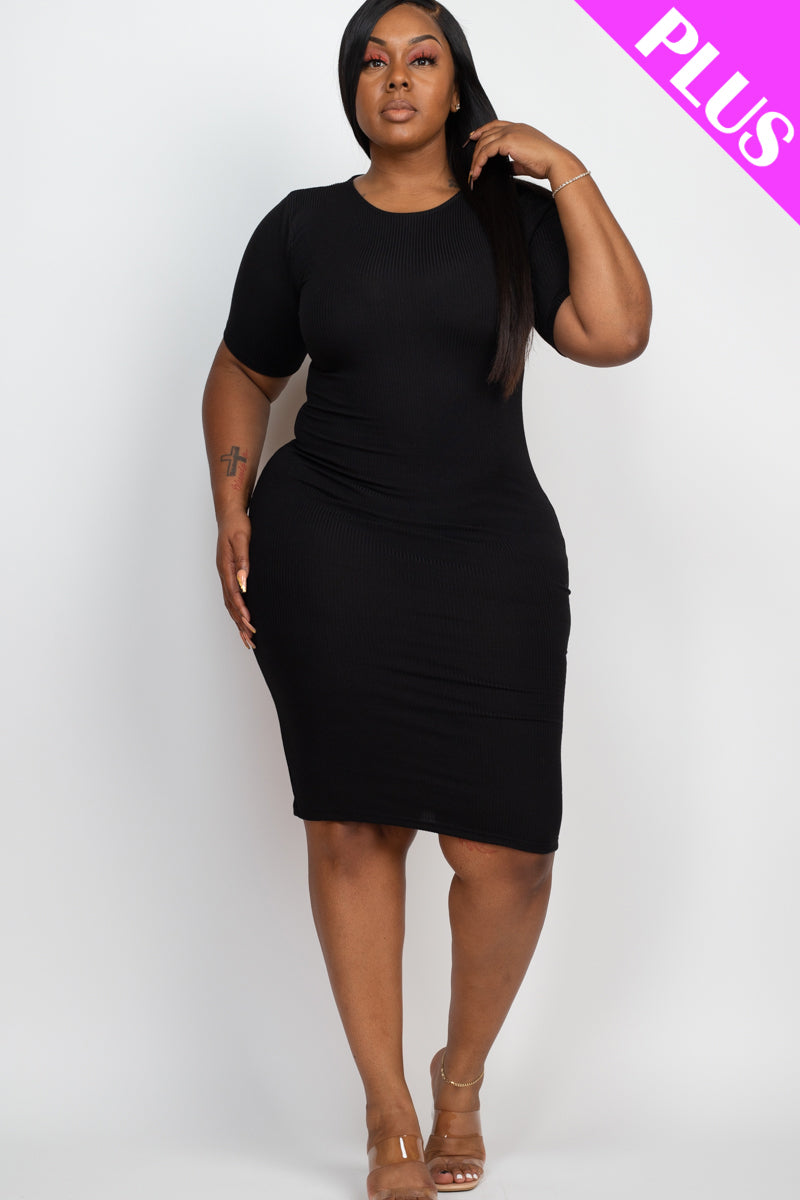 Plus Size Short Sleeved Ribbed Bodycon Midi Dress - Capella Apparel Wholesale