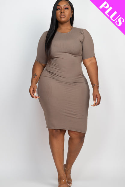 Plus Size Short Sleeved Ribbed Bodycon Midi Dress - Capella Apparel Wholesale