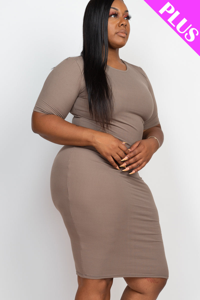 Plus Size Short Sleeved Ribbed Bodycon Midi Dress - Capella Apparel Wholesale