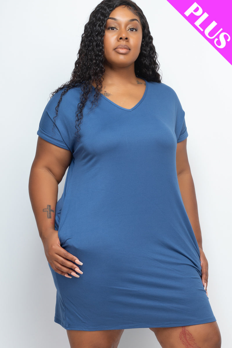 Plus Size Cap Sleeve Pocket Mini Dress - Capella Apparel Wholesale