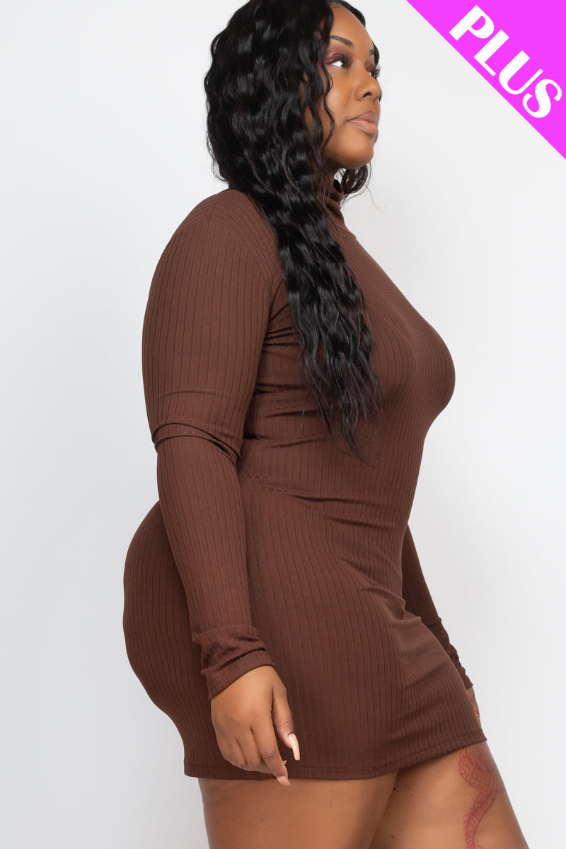 Plus Size Ribbed Long Sleeve Mock neck Mini Bodycon Dress - COFFEE / 2X Plus Size Ribbed Long Sleeve Mock neck Mini Bodycon Dress - COFFEE / 2X