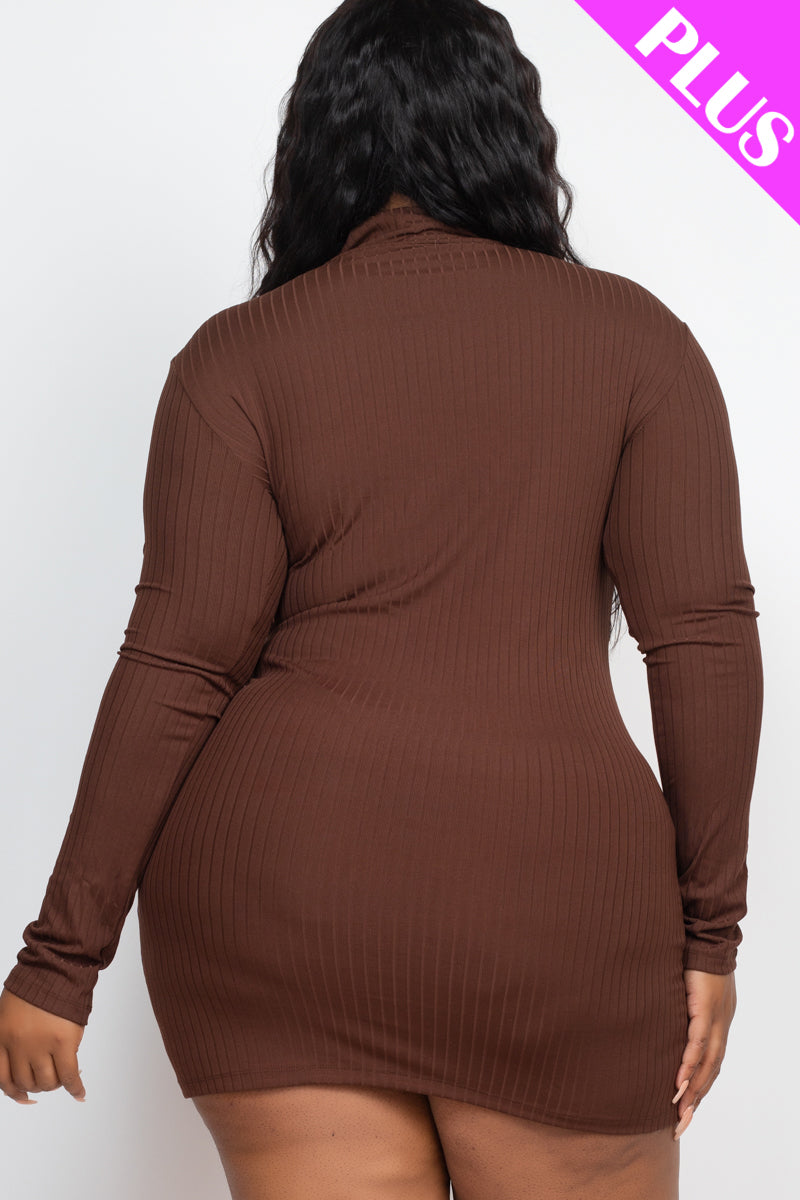 Plus Size Ribbed Long Sleeve Mock neck Mini Bodycon Dress - COFFEE / 2X Plus Size Ribbed Long Sleeve Mock neck Mini Bodycon Dress - COFFEE / 2X