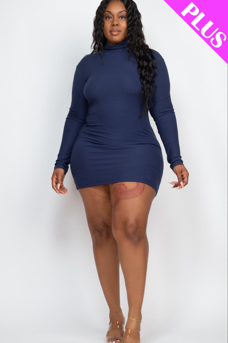 Plus Size Ribbed Long Sleeve Mock neck Mini Bodycon Dress - NAVY / (2)1X-(2)2X-(2)3X Plus Size Ribbed Long Sleeve Mock neck Mini Bodycon Dress - NAVY / (2)1X-(2)2X-(2)3X