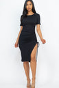 Drawstring Ruched Side Split Hem Midi Dress (CAPELLA) - Capella Apparel