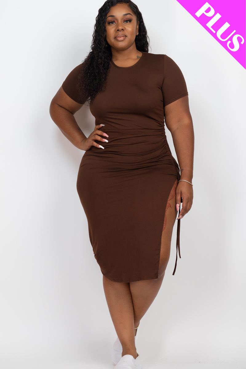 ruched midi dress with split High Neck Asymmetric One Shoulder Ruched Midi Dress with Side Split Lume De Label