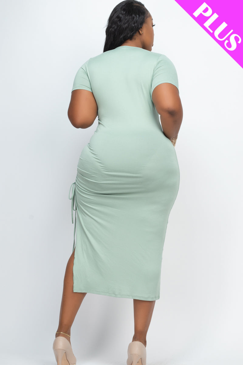 Plus Size Drawstring Ruched Side Split Hem Midi Dress (CAPELLA) - Capella Apparel