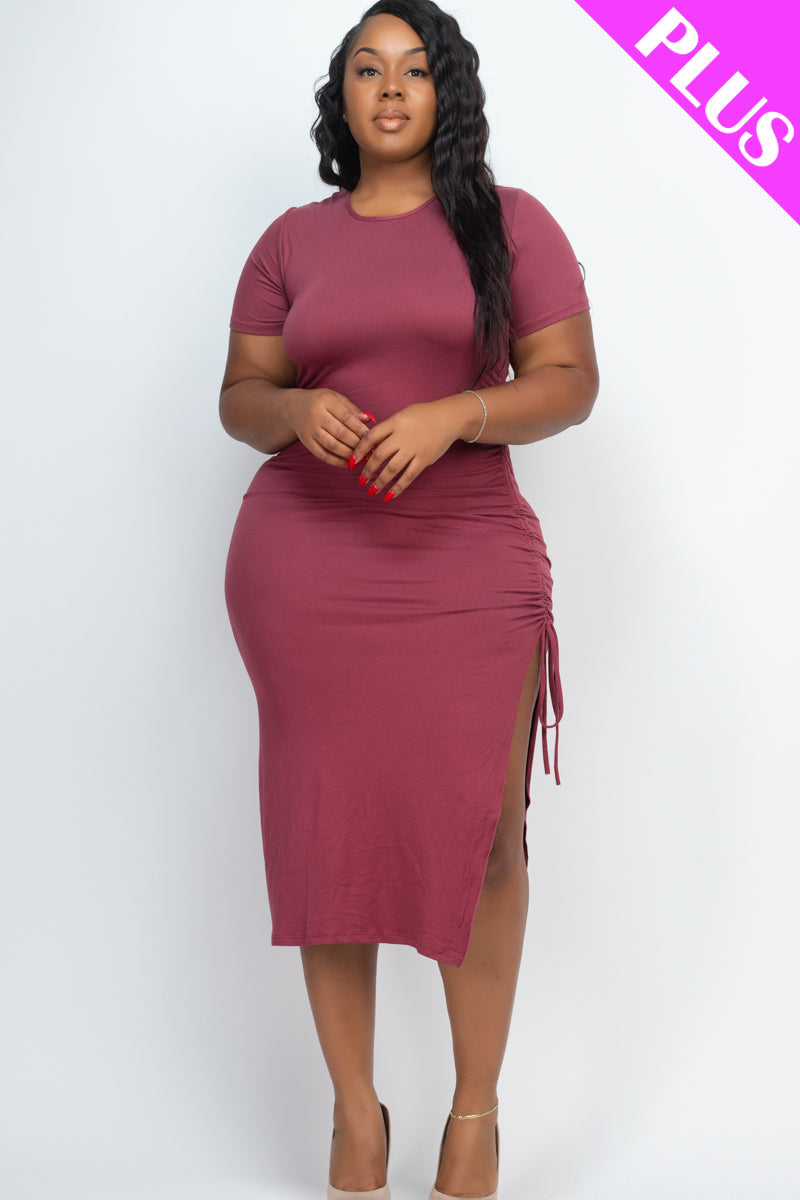 Plus Size Drawstring Ruched Side Split Hem Midi Dress (CAPELLA) - Capella Apparel