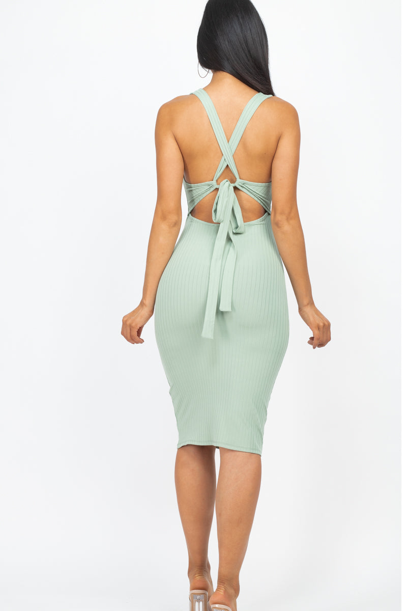 Ribbed Cutout Front Crisscross Back Bodycon Midi Dress (CAPELLA) - Capella Apparel