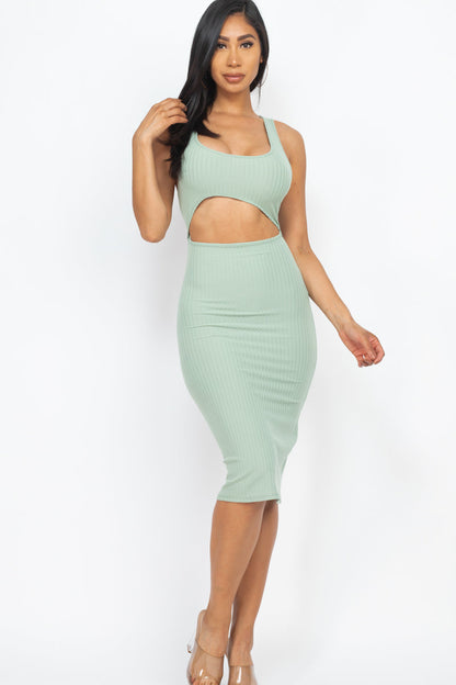 Ribbed Cutout Front Crisscross Back Bodycon Midi Dress (CAPELLA) - Capella Apparel