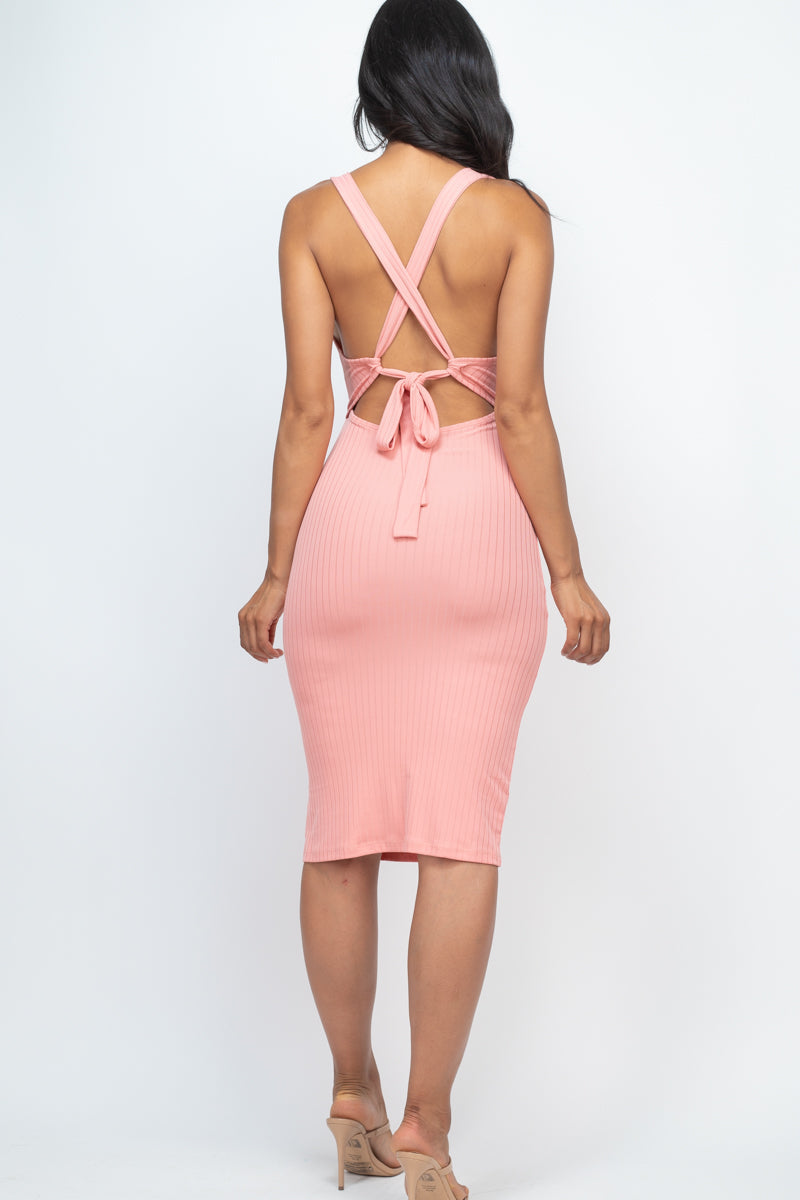 Ribbed Cutout Front Crisscross Back Bodycon Midi Dress (CAPELLA) - Capella Apparel