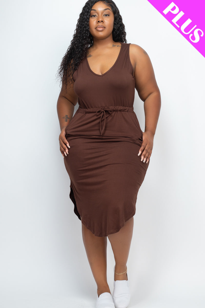 PLUS SIZE DRAWSTRING SLEEVELESS MIDI DRESS (CAPELLA) - Capella Apparel