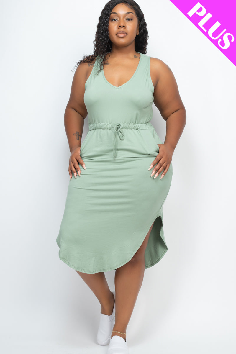 Plus Size Drawstring Sleeveless Midi Dress - Capella Apparel Wholesale