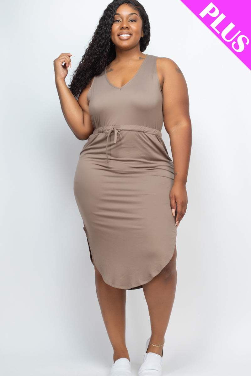 Plus Size Drawstring Sleeveless Midi Dress - Capella Apparel Wholesale