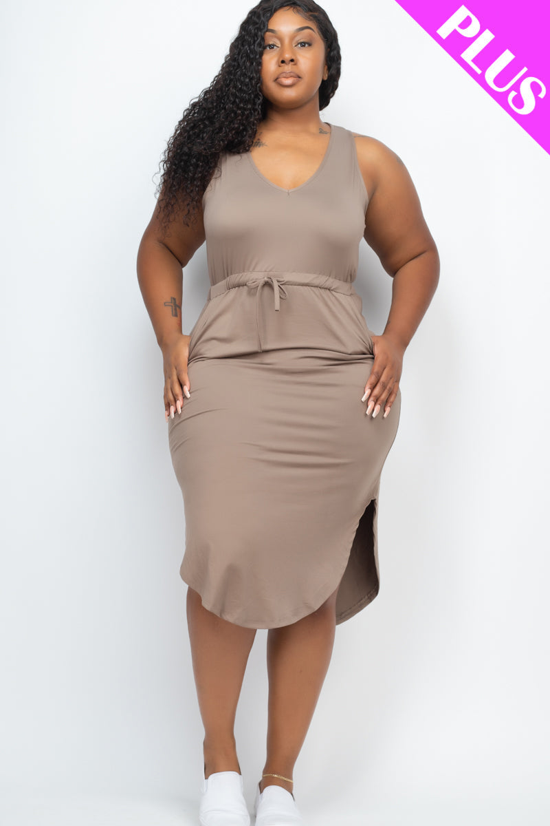 PLUS SIZE DRAWSTRING SLEEVELESS MIDI DRESS (CAPELLA) - Capella Apparel