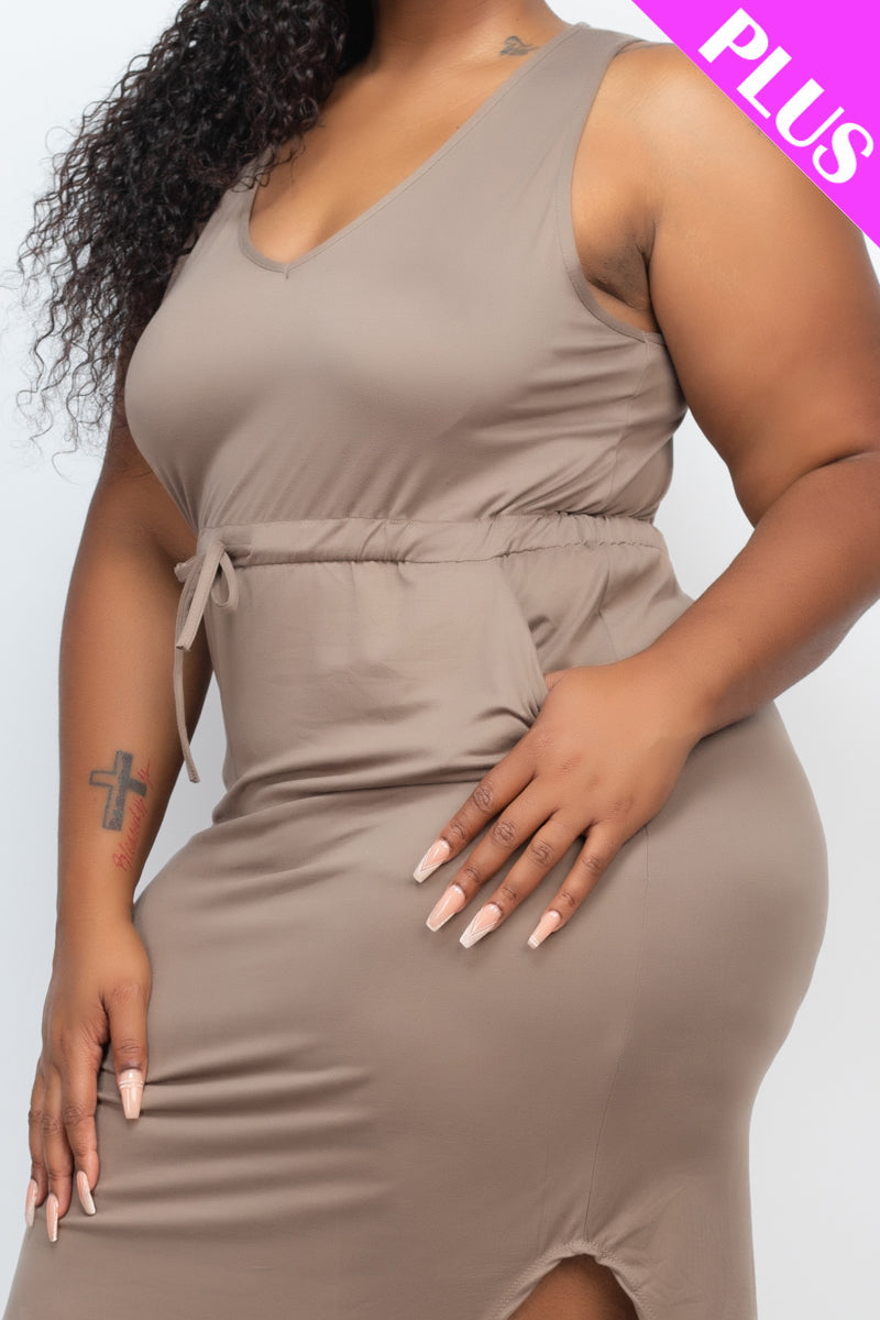 PLUS SIZE DRAWSTRING SLEEVELESS MIDI DRESS (CAPELLA) - Capella Apparel