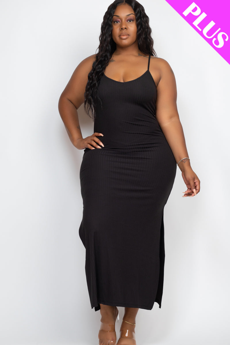 Plus Size Ribbed Side Slit Long Cami Maxi Dress - Capella Apparel Wholesale