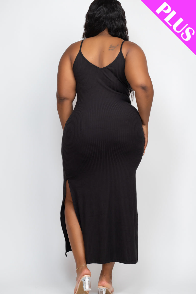 Plus Size Ribbed Side Slit Long Cami Maxi Dress - Capella Apparel Wholesale