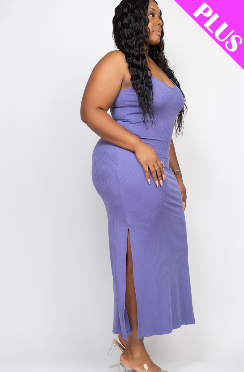 Plus Size Ribbed Side Slit Long Cami Maxi Dress - Capella Apparel Wholesale