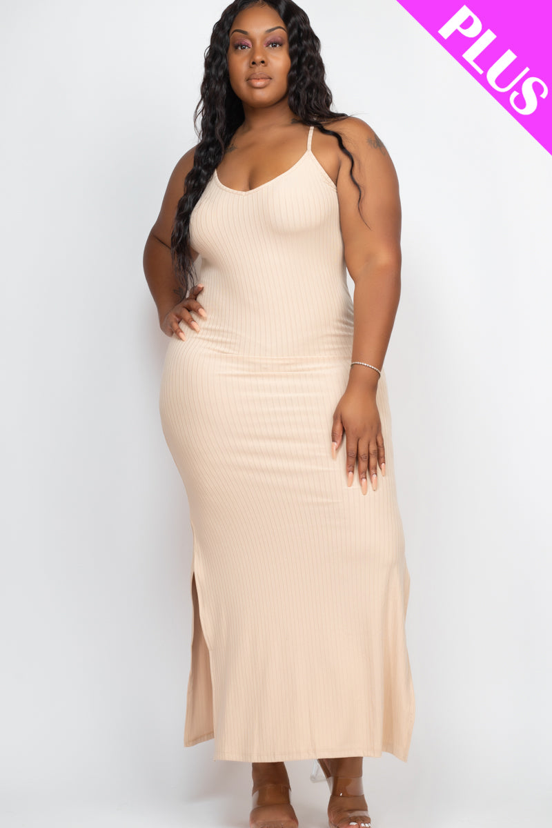 Plus Size Ribbed Side Slit Long Cami Maxi Dress - Capella Apparel Wholesale