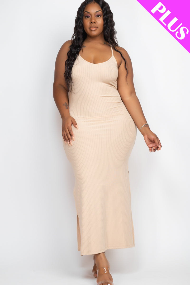 Plus Size Ribbed Side Slit Long Cami Maxi Dress - Capella Apparel Wholesale