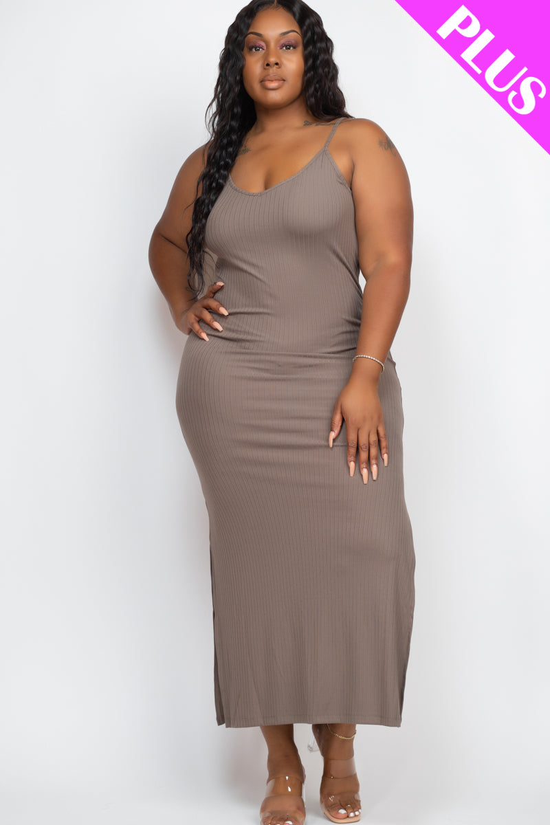 Plus Size Ribbed Side Slit Long Cami Maxi Dress - Capella Apparel Wholesale