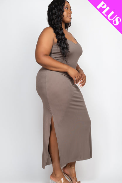 Plus Size Ribbed Side Slit Long Cami Maxi Dress - Capella Apparel Wholesale