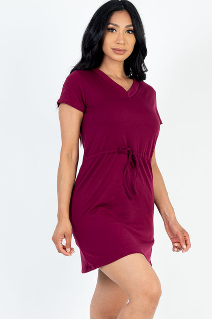 Casual Solid French Terry Drawstring Waist Short Sleeve Mini Dress - Capella Apparel