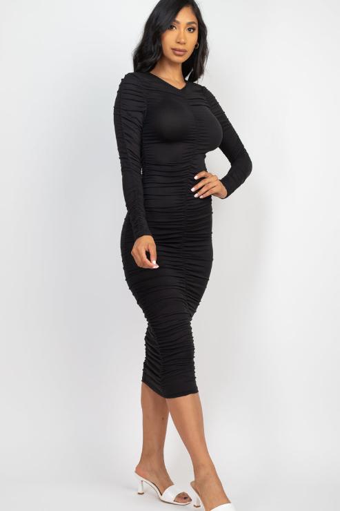 Ruched Long Sleeve Midi Dress (CAPELLA) - Capella Apparel