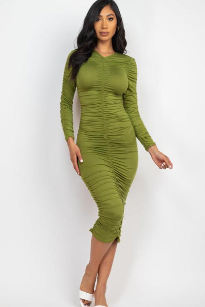 Ruched Long Sleeve Midi Dress (CAPELLA) - Capella Apparel