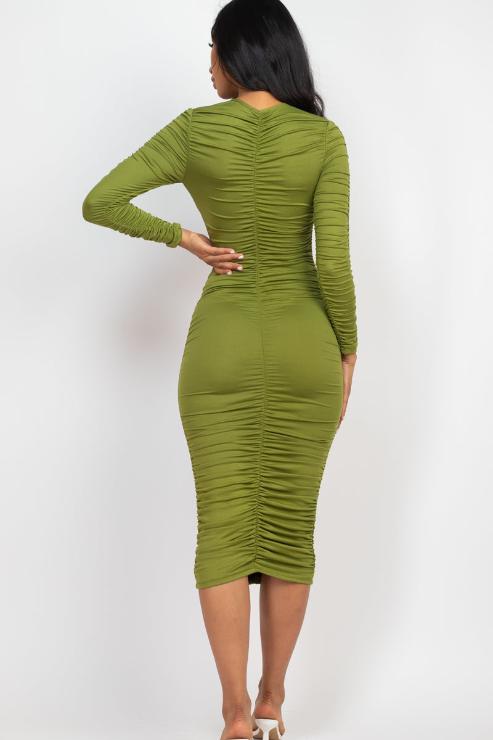 Ruched Long Sleeve Midi Dress (CAPELLA) - Capella Apparel