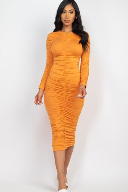 Ruched Long Sleeve Midi Dress (CAPELLA) - Capella Apparel