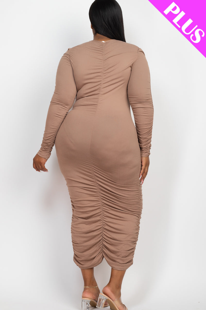 Plus Size Ruched Long Sleeve Midi Dress - Capella Apparel