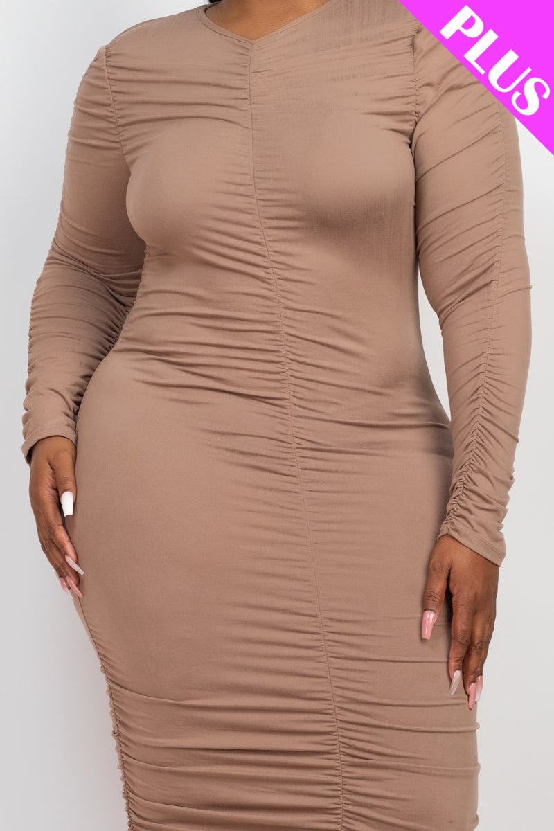 Plus Size Ruched Long Sleeve Midi Dress - Capella Apparel