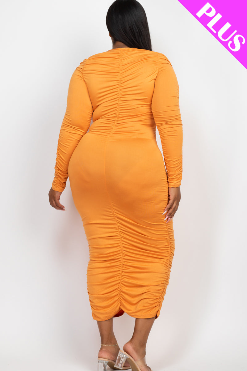 ruched long sleeve midi dress Plus Size Ruched Long Sleeve Midi Dress