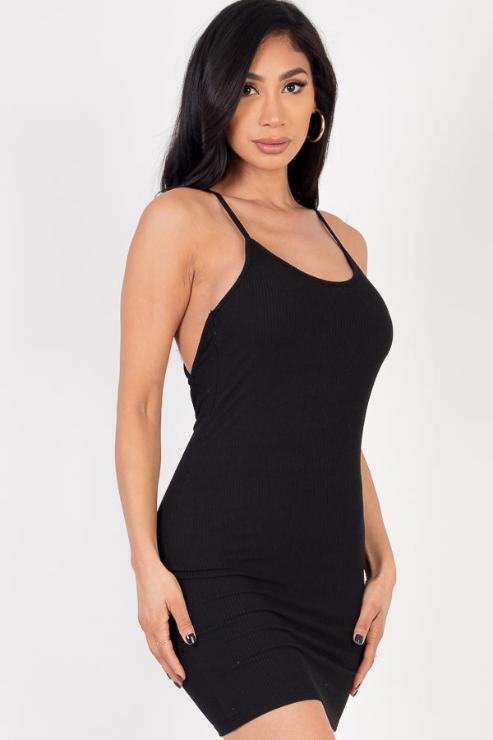 Ribbed Crisscross Tie Back Bodycon Mini Dress - Capella Apparel