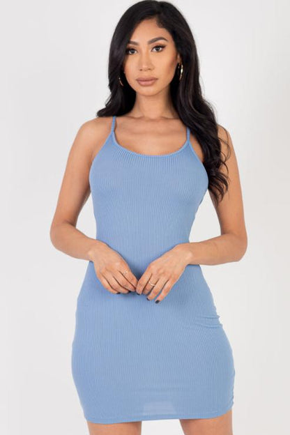 Ribbed Crisscross Tie Back Bodycon Mini Dress - Capella Apparel