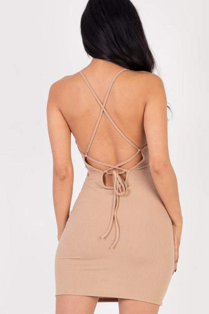 Ribbed Crisscross Tie Back Bodycon Mini Dress - Capella Apparel